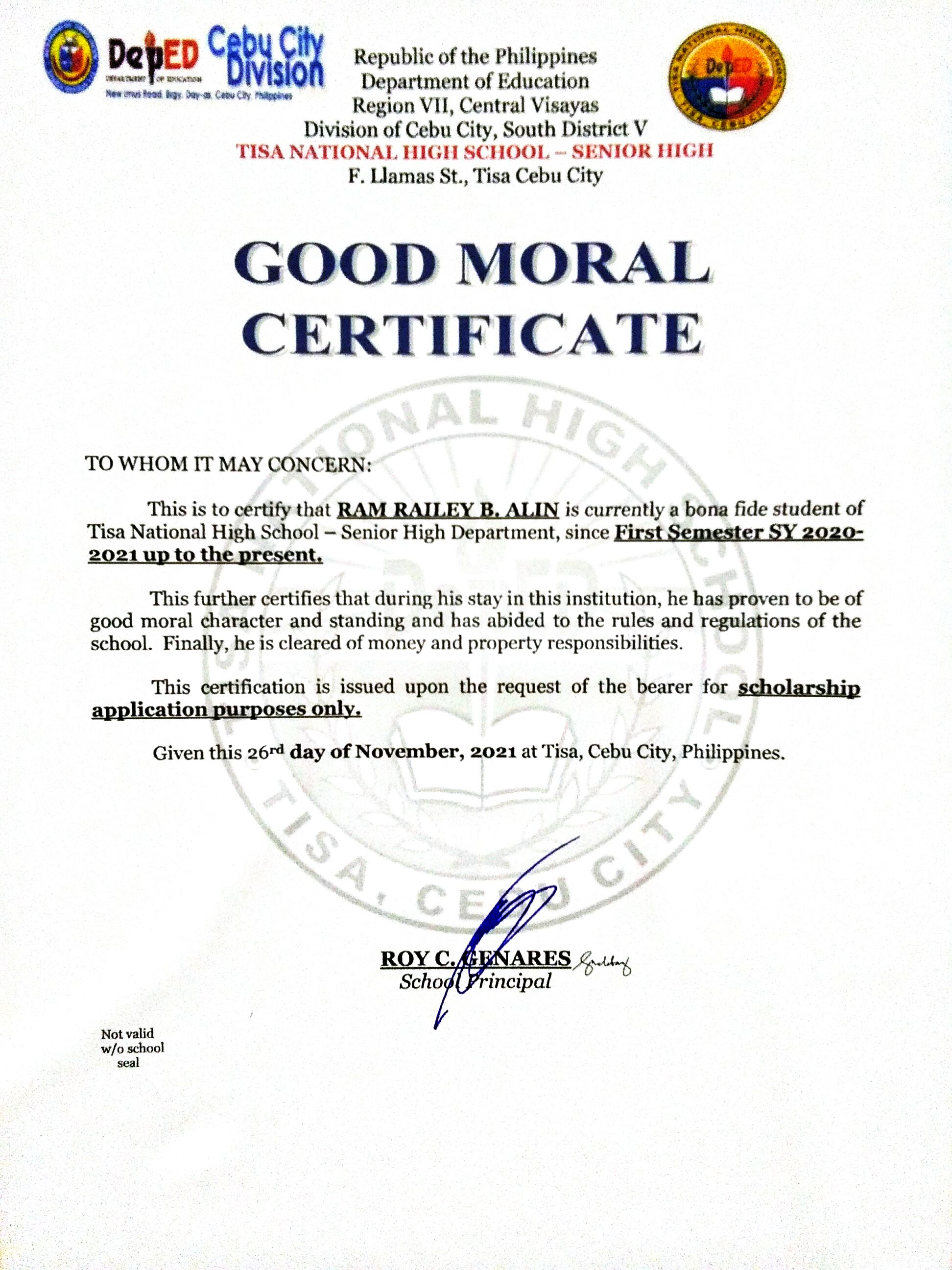 my high school good moral certificate